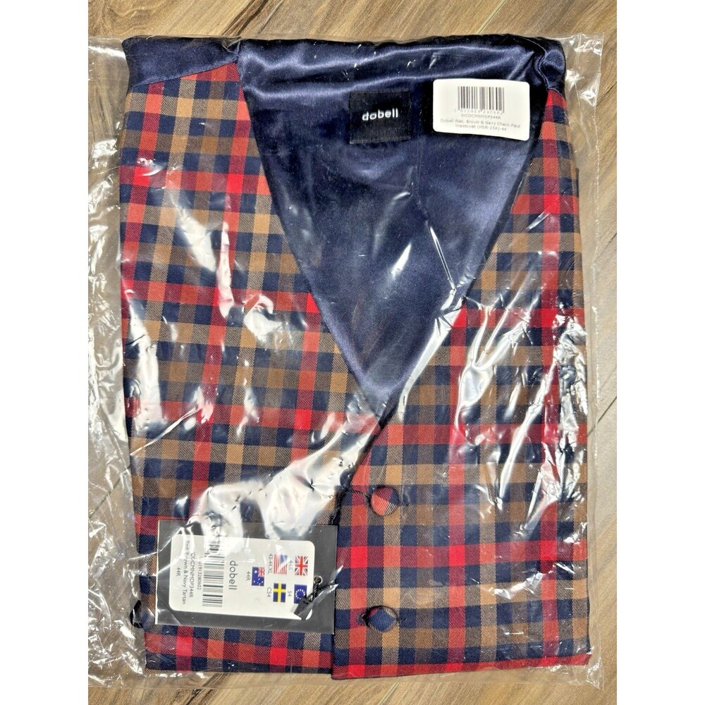 NWT Dobell Mens Red, Brown & Navy Tartan Check Plaid Waistcoat 43-44XL